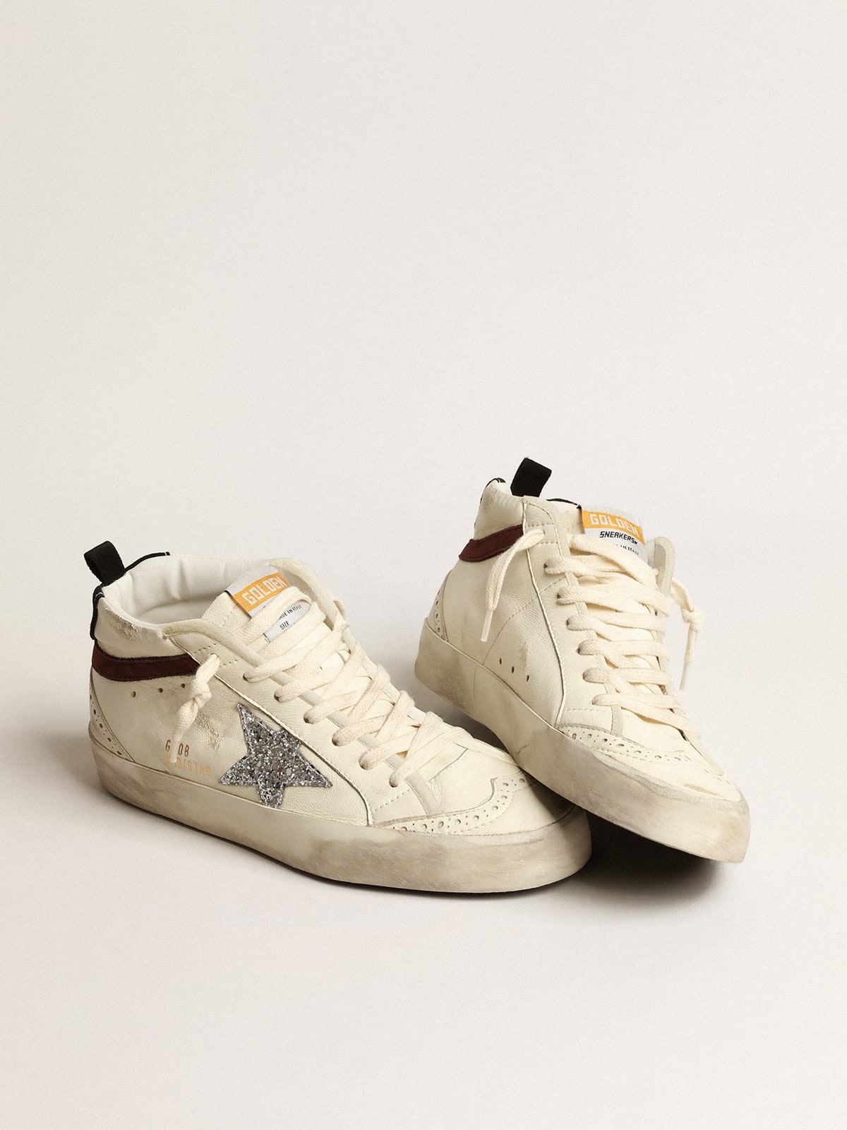 Golden Goose Mid Star in Nappa Bianca con Stella in Glitter Argento
