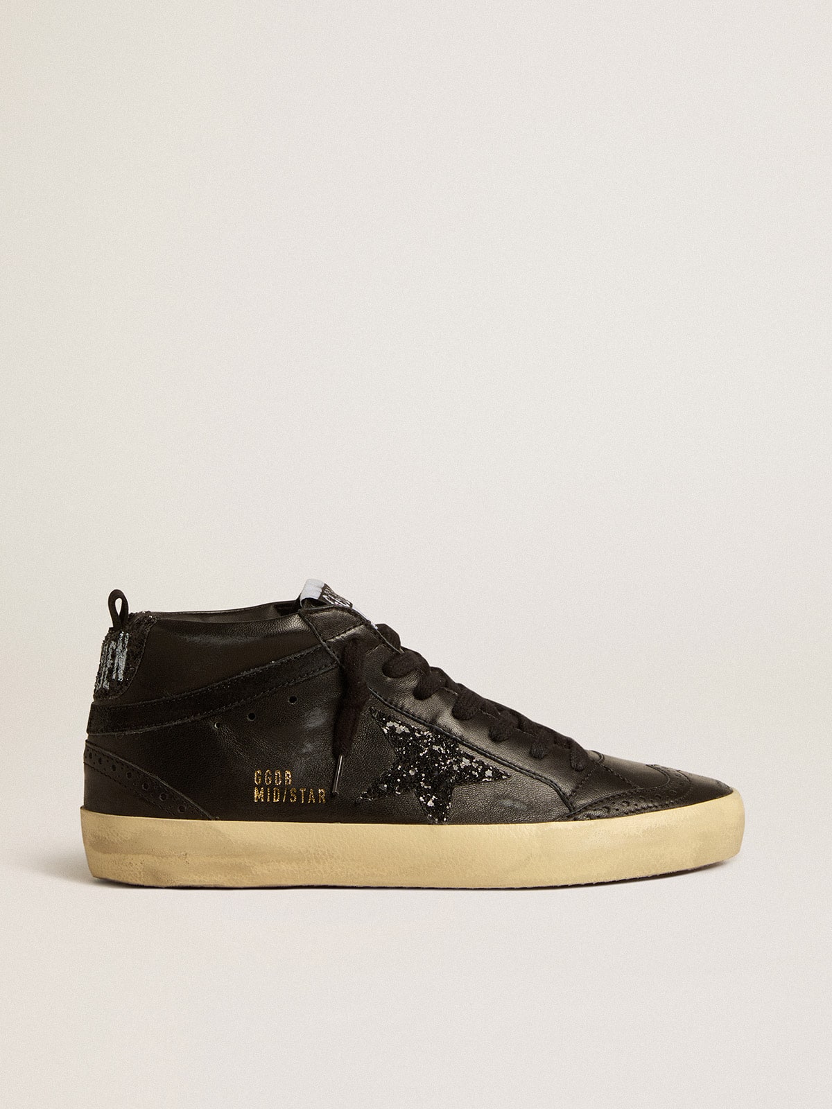 Golden Goose Mid Star Donna in Nappa Nera con Stella in Glitter Neri e Virgola in Suede