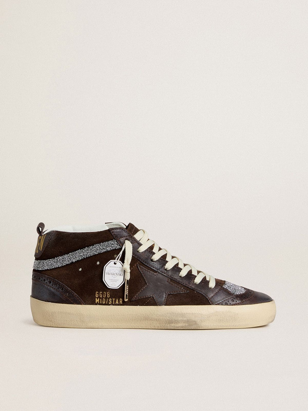 Golden Goose Mid Star Donna in Suede Marrone con Stella in Pelle e Virgola in Cristalli Swarovski