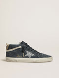 Golden Goose Mid Star Donna in Suede Blu Petrolio con Stella in Glitter Argento e Virgola in Cotone