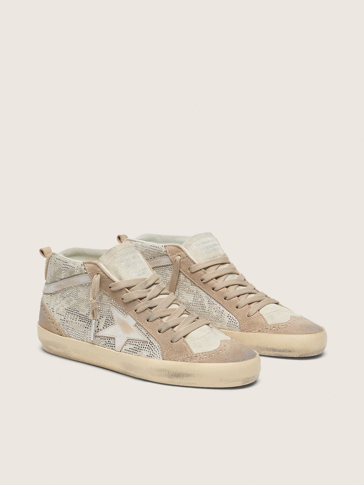 Golden Goose Mid Star Donna in Suede Beige con Swarovski Argento e Stella in Pelle Bianca