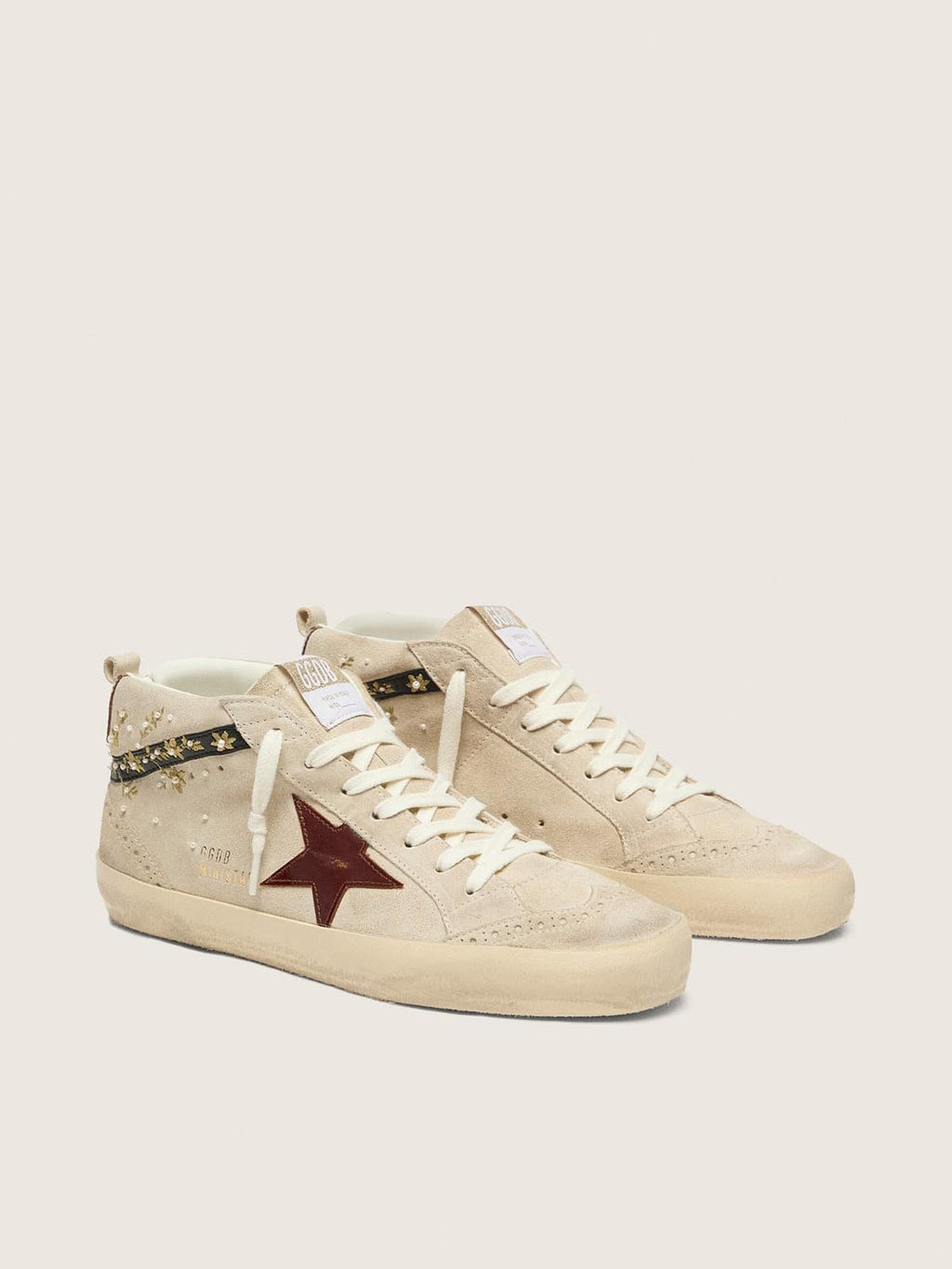 NUOVO ARRIVO - Golden Goose Mid Star Donna in suede perla con stella in pelle burgundy e inserti con ricami e perle