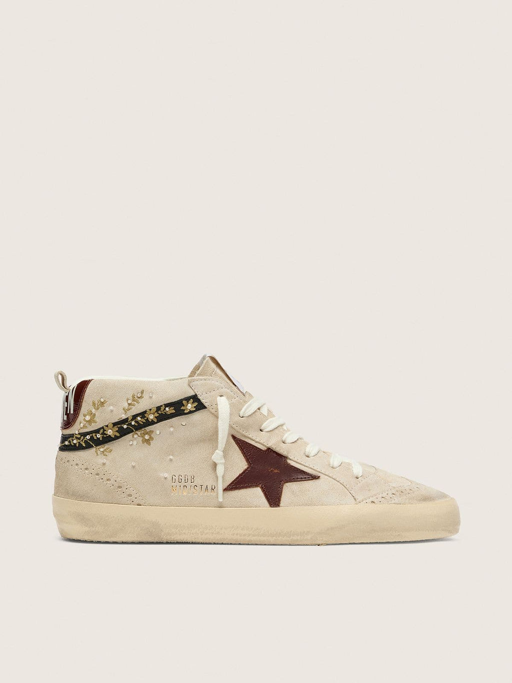 Golden Goose Mid Star Donna in Suede Perla con Stella in Pelle Burgundy e Inserti con Ricami e Perle