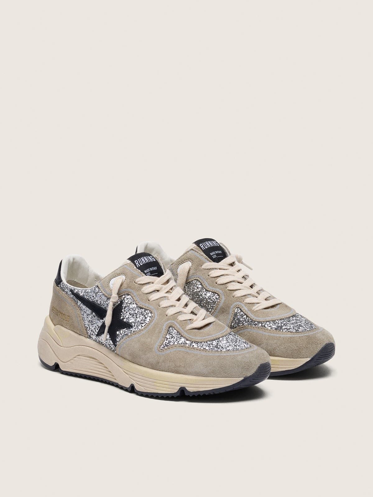Golden Goose Running Sole Donna in Glitter Argento e Suede Tortora