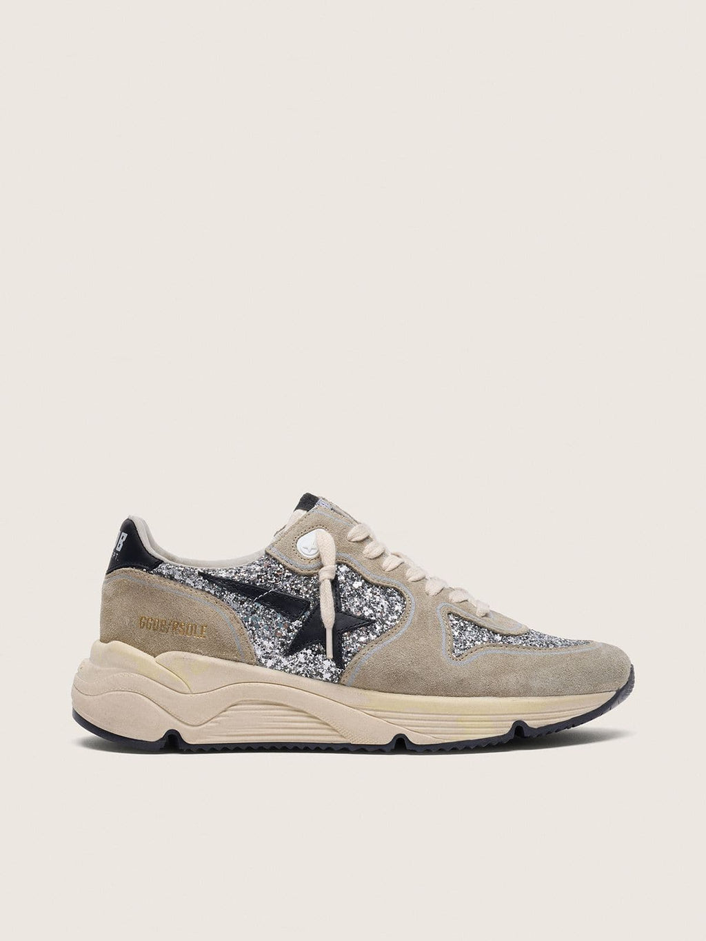 Golden Goose Running Sole Donna in Glitter Argento e Suede Tortora