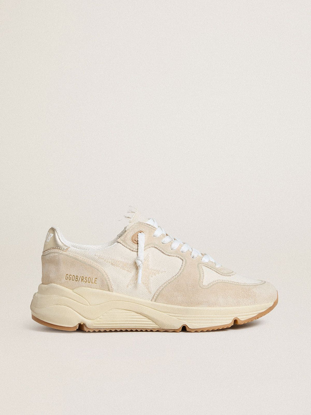 Golden Goose Running Sole Donna in Canvas con Stella Beige e Talloncino in Pelle Laminata Platino