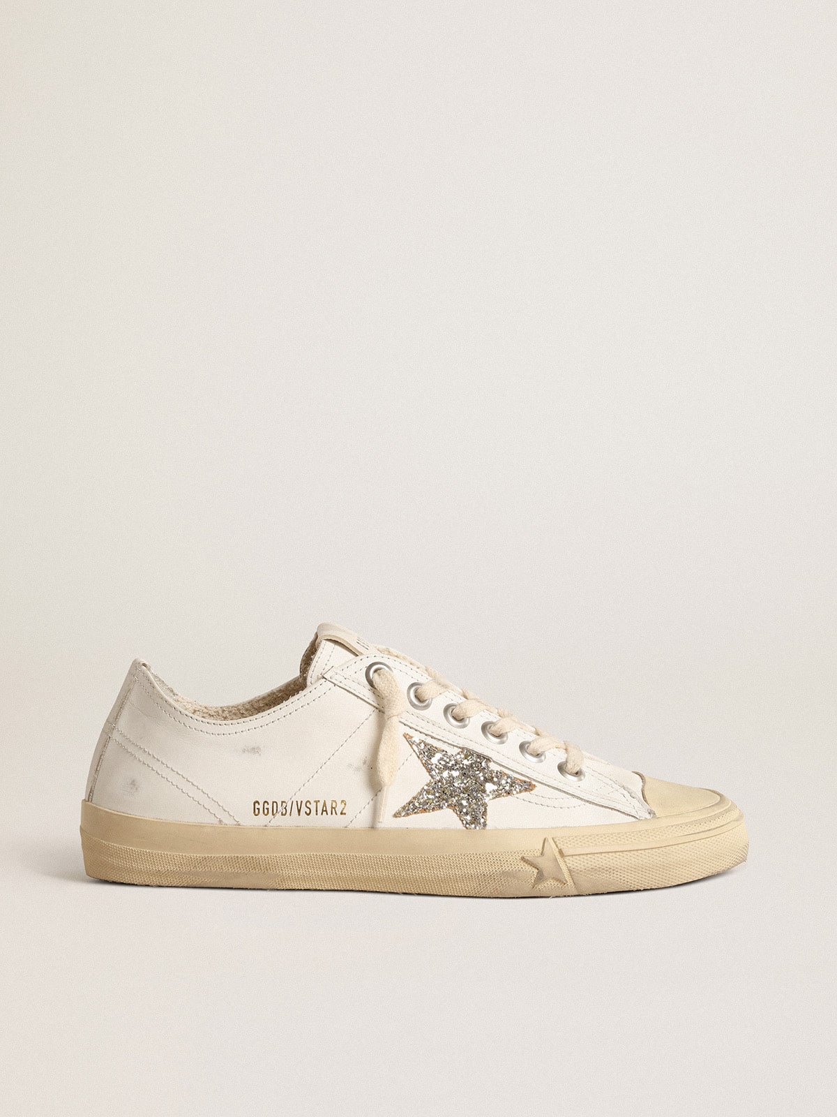 Golden Goose V Star in Pelle Bianca con Stella in Glitter Color Platino