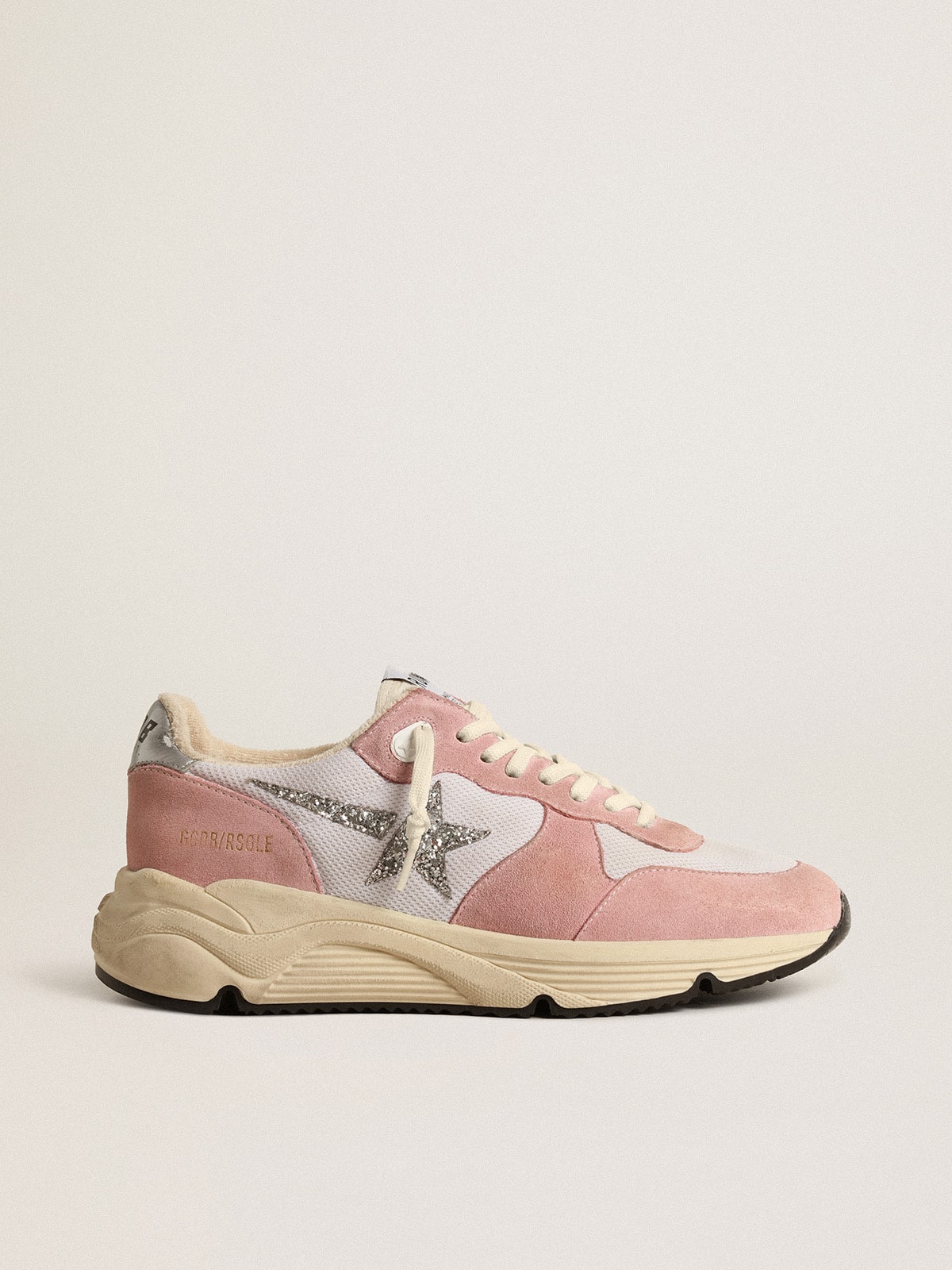 Golden Goose Running Sole Donna in Rete Grigia e Suede con Stella in Glitter Argento