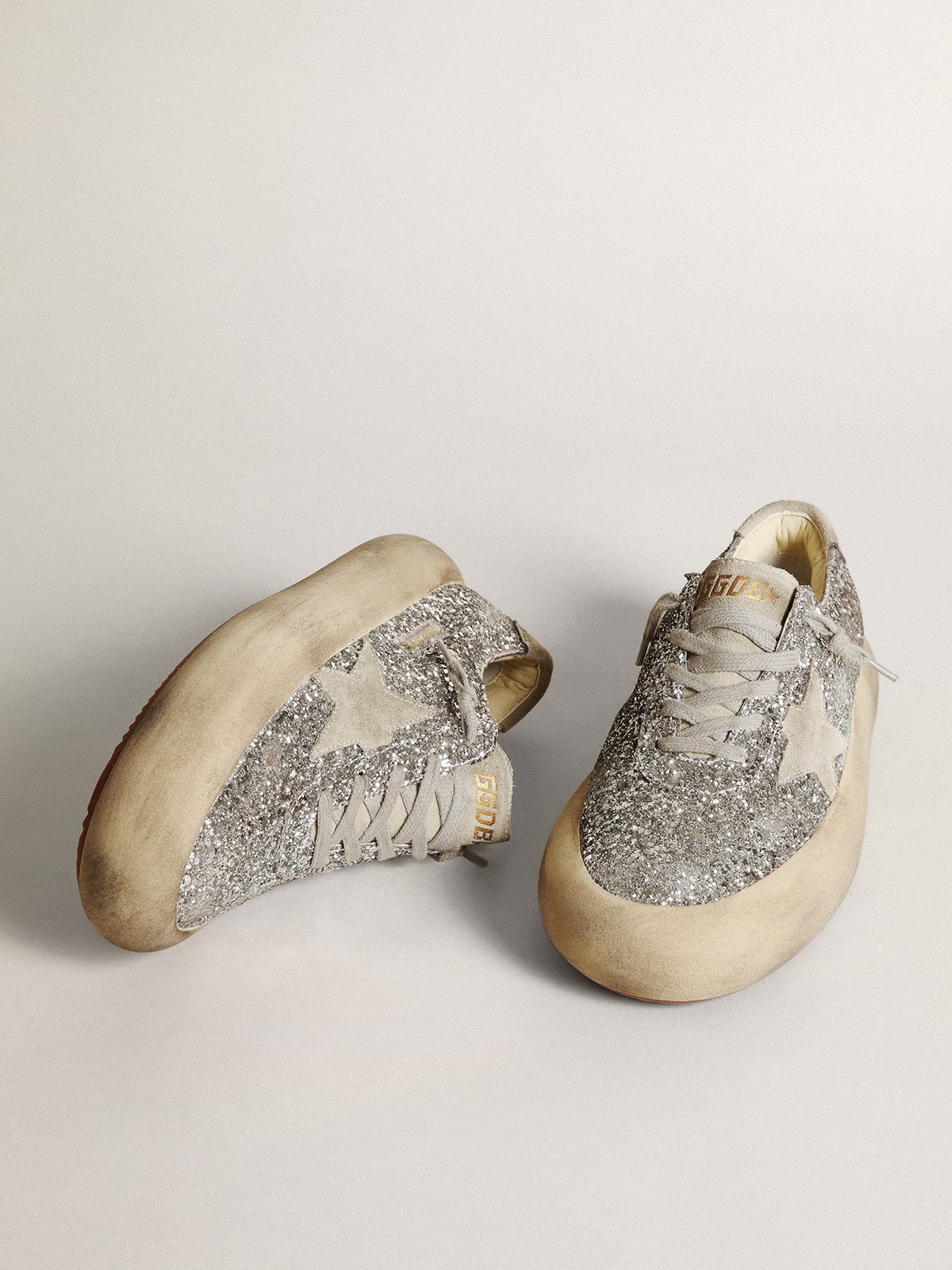 Golden Goose Space Star Donna in Glitter Argento con Stella Color Grigio Ghiaccio