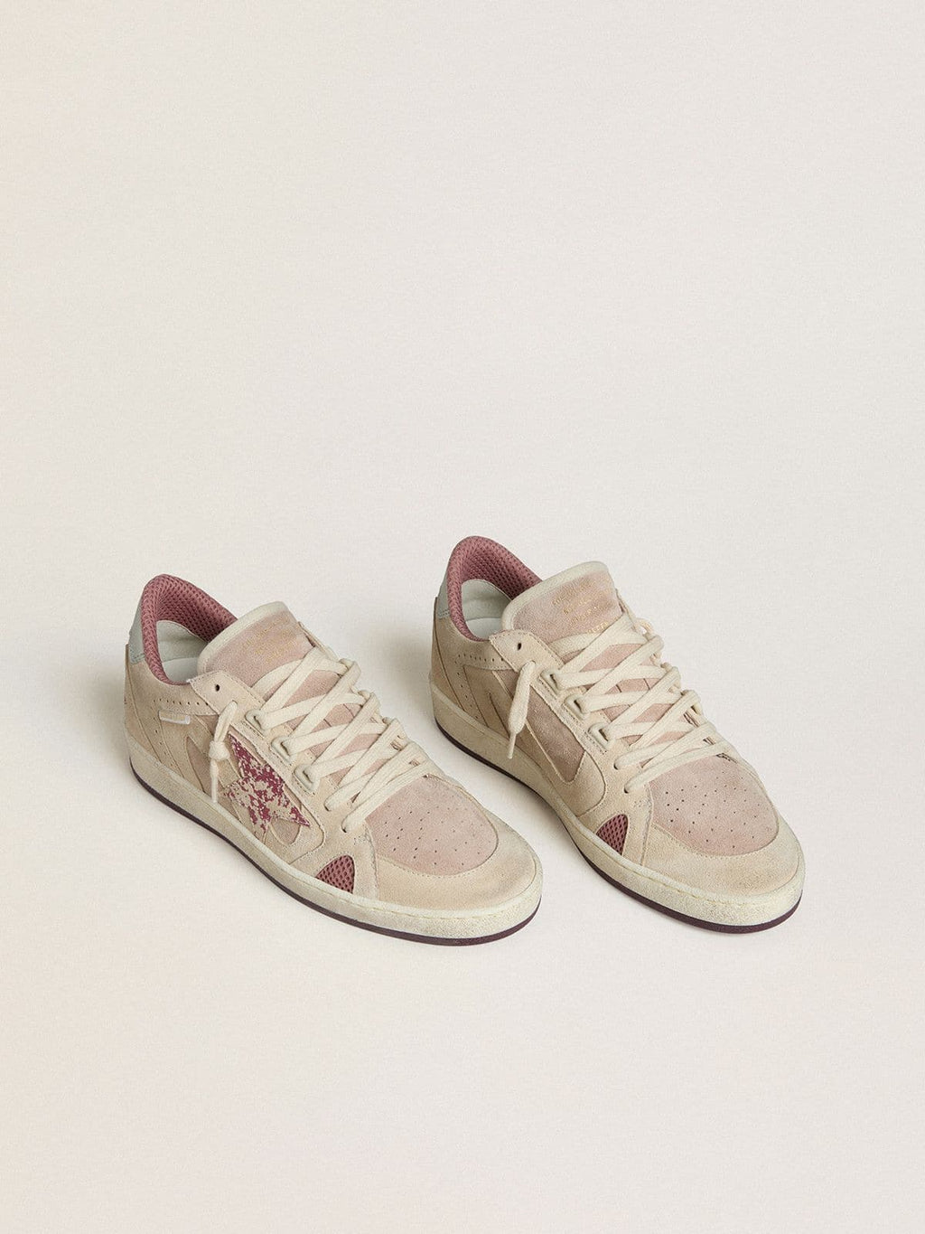 Golden Goose Ball Star Donna Ltd in Suede Rosa e Beige con Talloncino in Pelle Grigio Perla