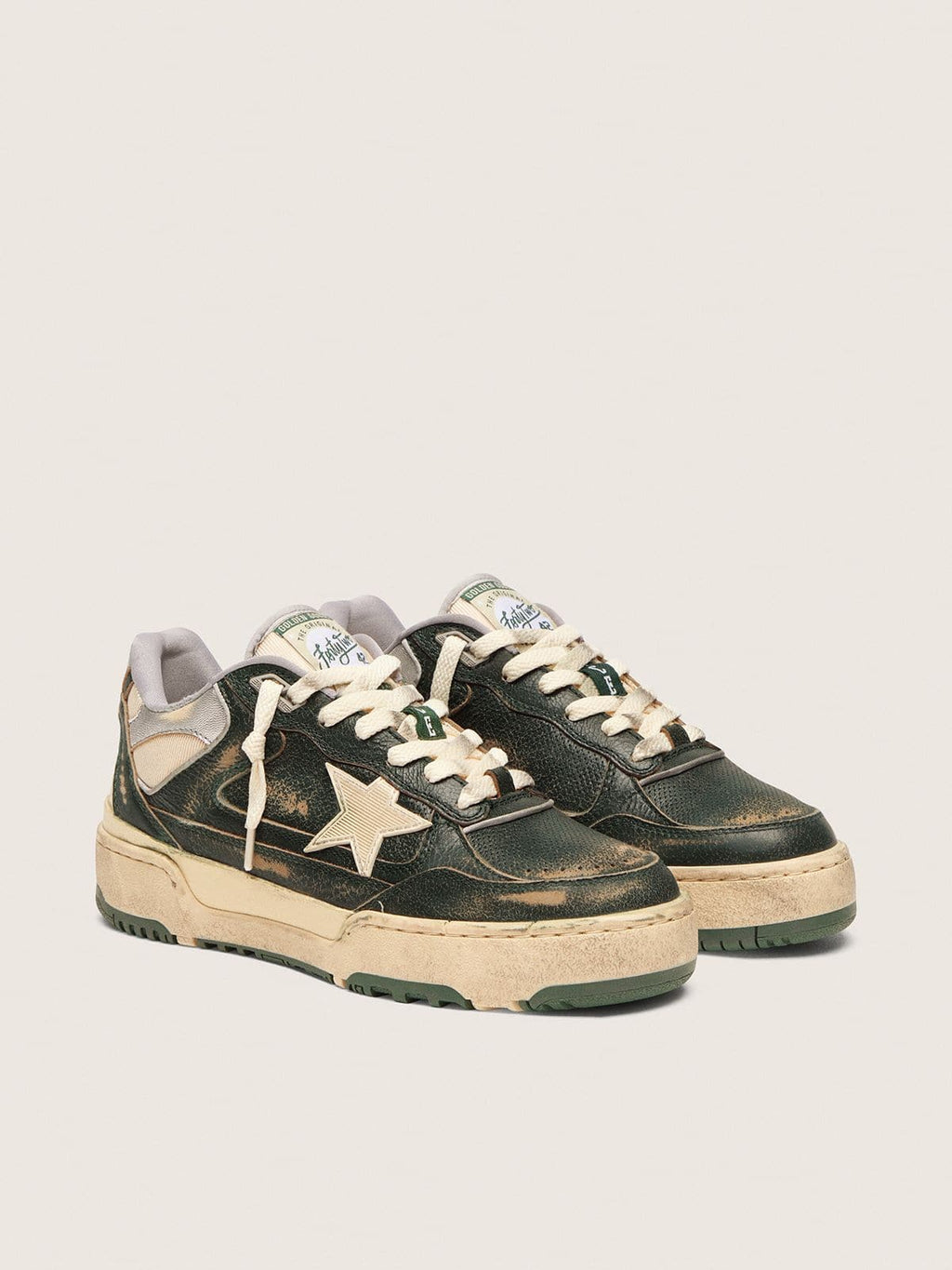 Golden Goose Forty2 Donna in Pelle Verde e Nylon Crema con Stella in Tpu e Talloncino in Pelle Argento