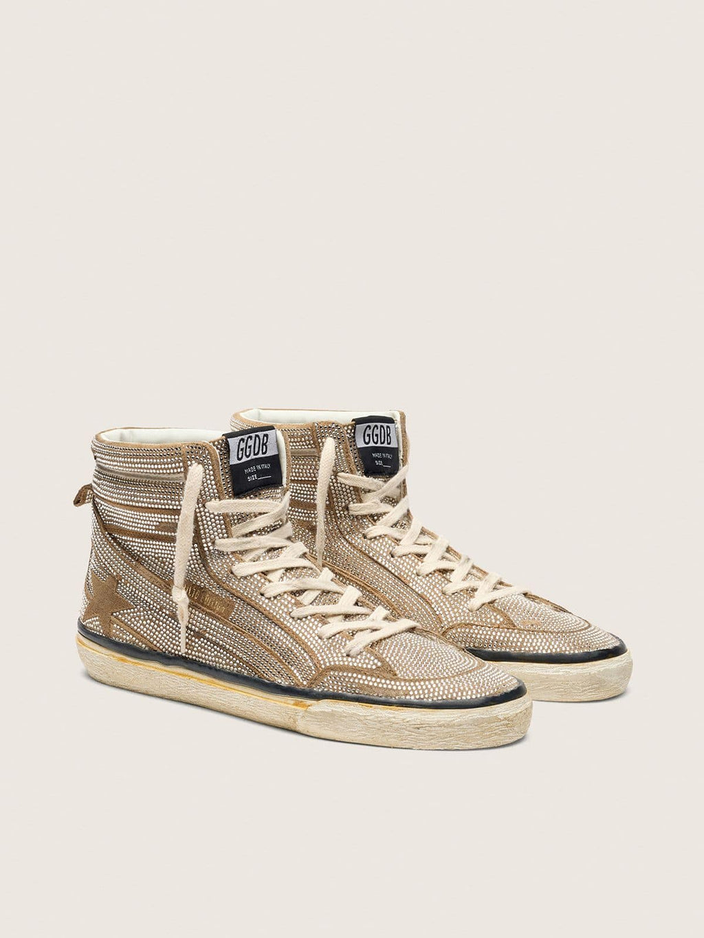 Golden Goose Slide Donna Lab in Suede Tabacco con Cristalli e Stella in Suede Color Tabacco