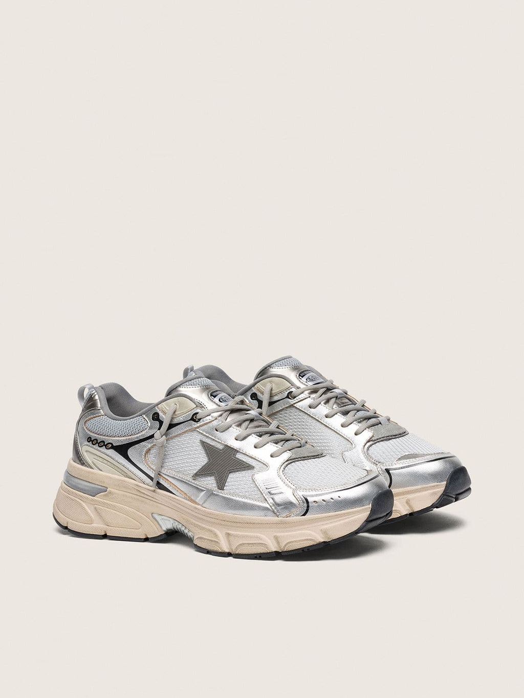 Golden Goose Lightstar Donna in Mesh Grigio e Nappa Argento con Stella in Tpu Grigio