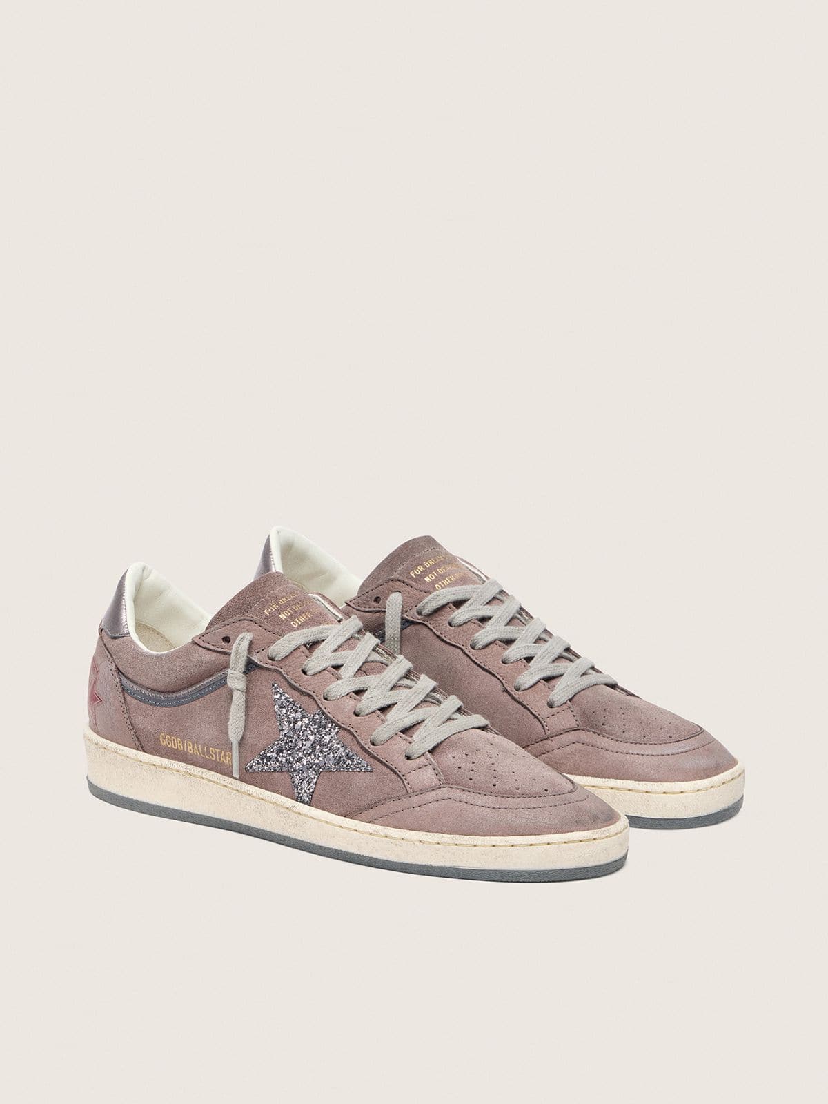 Golden Goose Ball Star Donna in Suede Lavanda con Stella in Glitter Argento e Talloncino in Pelle Laminata