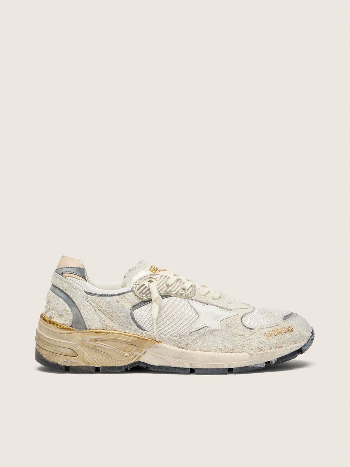 Golden Goose Dad Star Donna in Suede e Rete con Stella in Pelle Bianca e Talloncino in Pelle Beige