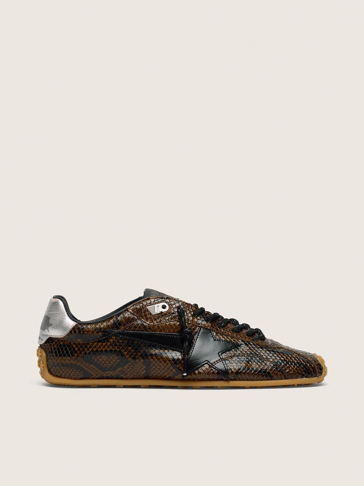 Golden Goose Marathon Speed Donna in Pelle con Stampa Pitonata Marrone con Stella Nera e Talloncino in Pelle Argento