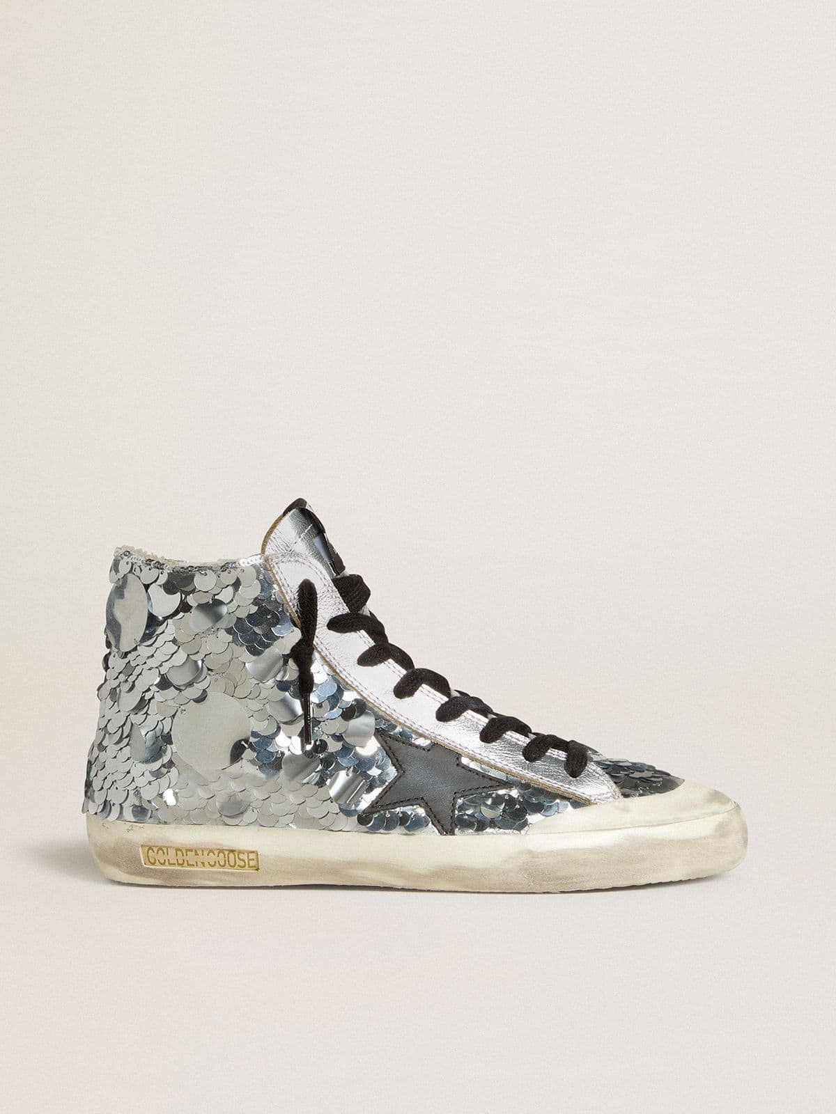 Golden Goose Francy Donna in Nylon con Ricami in Paillettes Argentate All Over e Stella in Pelle Nera