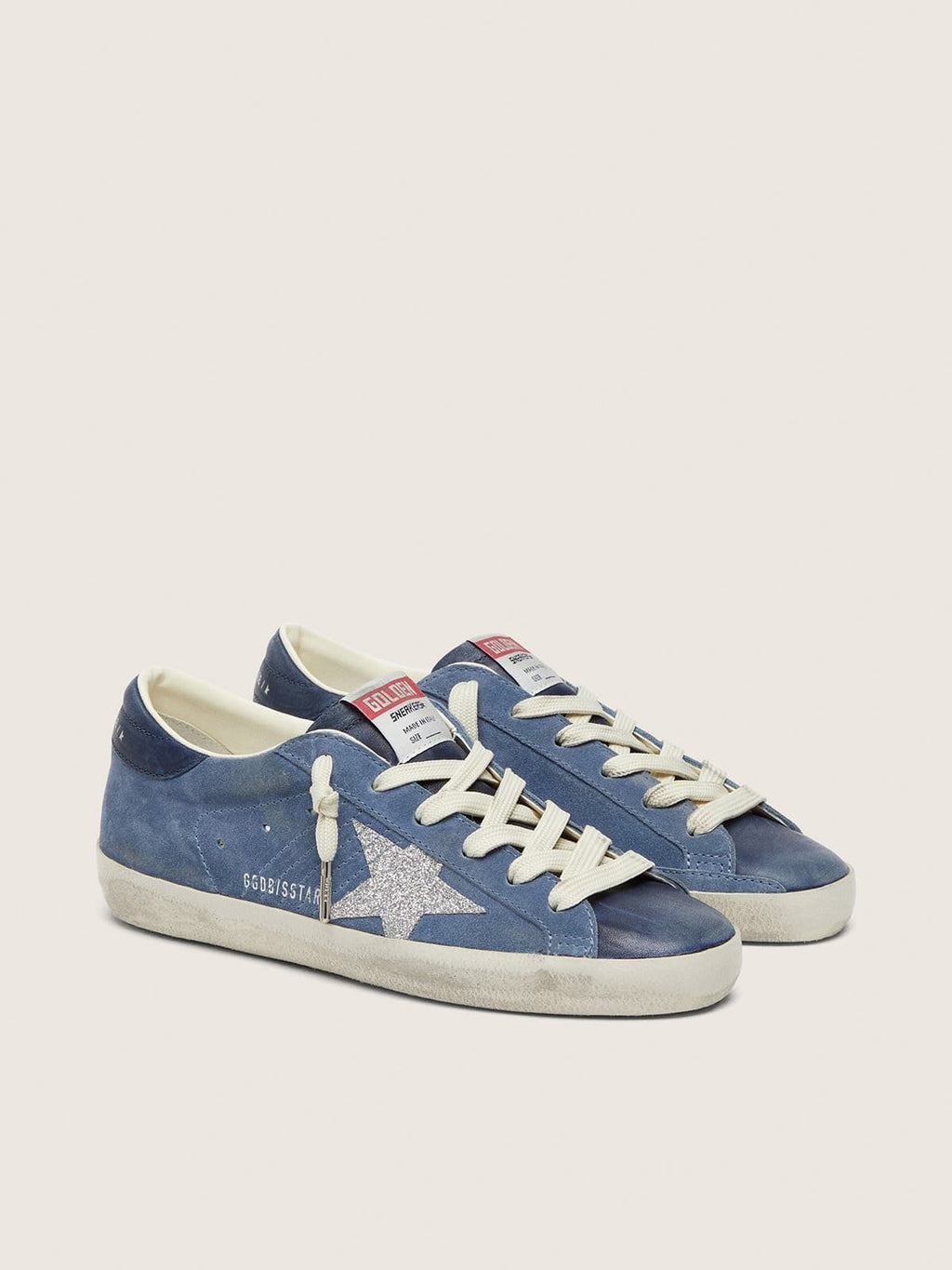 Golden Goose Super-Star Donna in Suede Blu Denim con Stella Glitter Argento