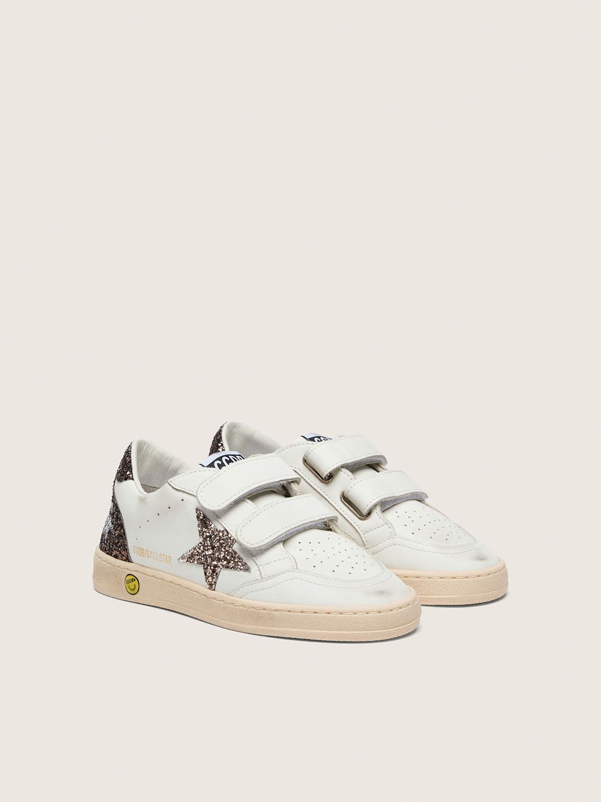 NUOVO ARRIVO - Golden Goose Ball Star Young in pelle bianca con stella glitter tortora e inserti in glitter marrone