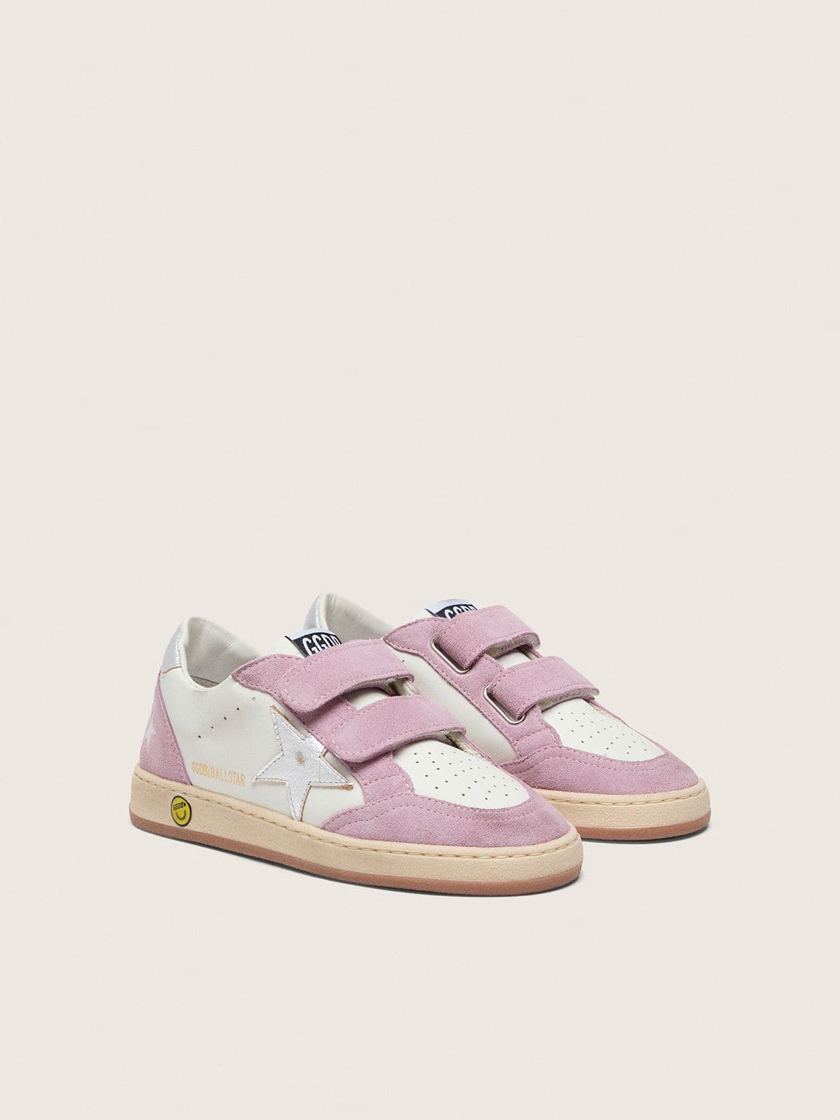 NUOVO ARRIVO - Golden Goose Ball Star Young in pelle bianca con stella in pelle laminata argento e inserti in suede lilla