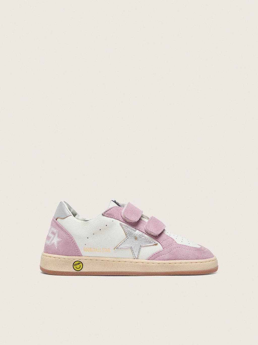 NUOVO ARRIVO - Golden Goose Ball Star Young in pelle bianca con stella in pelle laminata argento e inserti in suede lilla