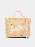 Borsa Mini Vanity in raffia con ricami cuori