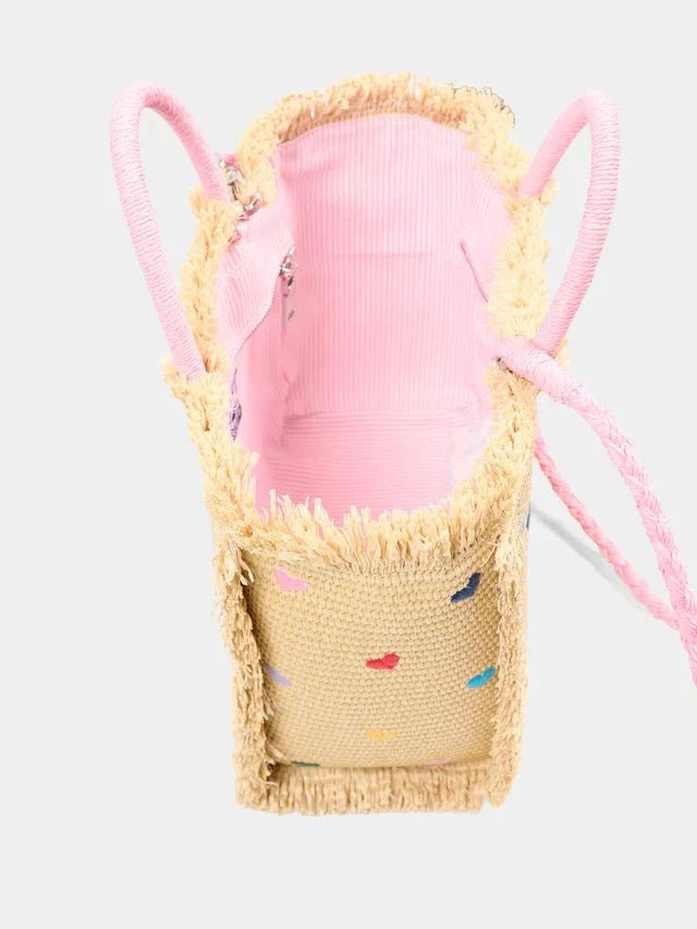 Borsa Mini Vanity in raffia con ricami cuori