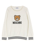 Maglione per bambina Moschino Kids bianco con logo intarsiato e ricamo Teddy Bear – Accessorio premium elegante