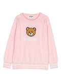 Maglione per bambina Moschino Kids rosa con logo intarsiato e ricamo Teddy Bear – Accessorio premium elegante