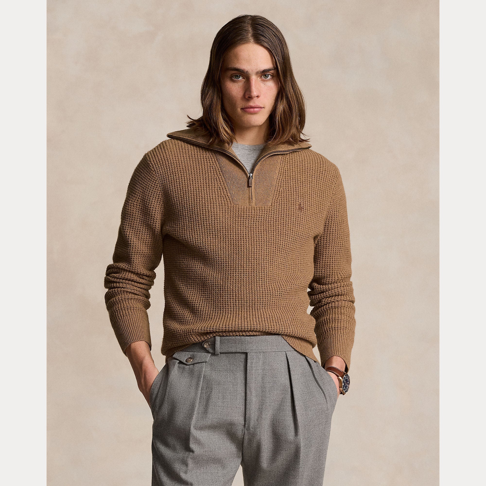 WAFFLE WOOL-COTTON QUARTER-ZIP SWEATER – Accessorio premium elegante